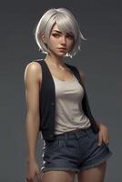 Portrait of Woman with Short Gray Hair Wearing Vest and Shorts photo