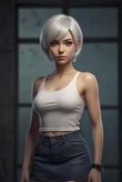 Portrait of a Young Woman in White Tank Top and Denim Skirt photo