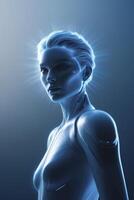futurista hembra robot mirando adelante con brillante azul ligero foto