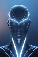 Futuristic Robot Head with Glowing Lights, Cyberpunk Concept Art Portrait photo