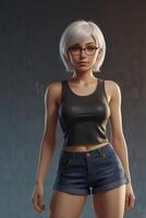 Stylish Woman Wearing Glasses and Tank Top Posing in Studio photo