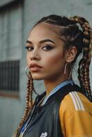Stylish Young Woman with Braids Wearing Jacket Poses Confidently Outdoors photo