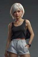 Stylish Woman Posing in Black Tank Top and Shorts Against Gray Background photo