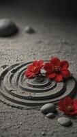 Zen Garden with Red Flowers and Stone Rocks for Meditative Calm photo