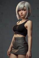 Standing Woman with Short Hair and Casual Outfit on Gray Background photo