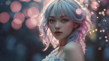 Portrait of a Girl with Fantasy Hair and Dreamy Background photo
