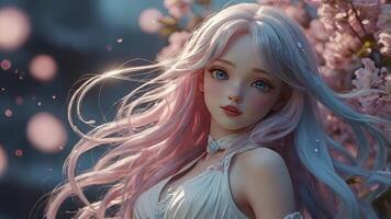Anime Girl with Pink Hair and Cherry Blossoms Spring Portrait photo
