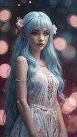 Portrait of an Elf Woman with Blue Hair and Floral Dress photo