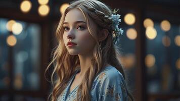 Portrait of Young Blond Girl with Braided Hair and Flower Crown photo