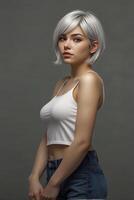 Portrait of a Stylish Woman with Short White Hair and Denim Shorts photo