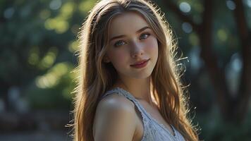 Young Woman Portrait with Long Hair and Sunlight Shining Through Trees photo