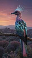 Exotic Bird with Colorful Plumage Perched on Branch at Sunset photo