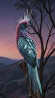 Colorful Bird Perched on Tree Stump at Sunset with Mountain View photo