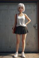 Anime Girl Posing in Tank Top and Skirt with Shoulder Bag photo