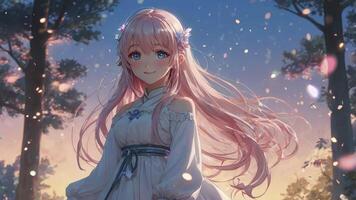 Anime Girl in Forest Smiling with Pink Hair and Flower Accessory photo