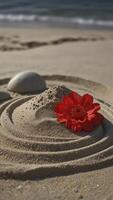 Red Flower on Sand Zen Garden at the Beach for Relaxation photo