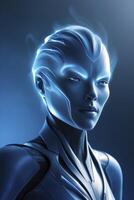 Futuristic Woman Portrait with Glowing Details in Blue Sci-fi Style photo