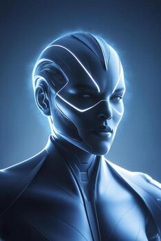 futurista humanoide robot retrato con brillante líneas y azul matiz foto