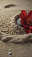 Red Flower and Stone on Sand Beach Setting with Circular Pattern photo