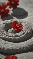 Red Flower in a Zen Garden with Sand Spiral Pattern photo