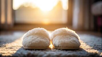 A pair of white slippers on a rug in front of a window photo