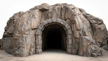 An entrance to a cave with a rock wall photo