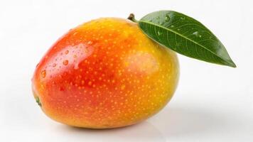 A mango with a leaf on it is on a white background photo