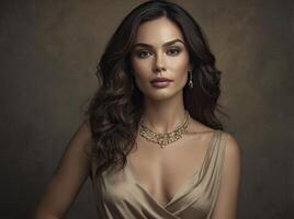 Elegant Woman Wearing Golden Jewelry and Dress in Studio Portrait photo