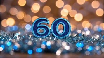 Blue 60th birthday number on a blurred background photo
