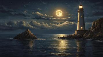 Lighthouse Shining Brightly Under the Moonlight Sky Over Calm Sea photo