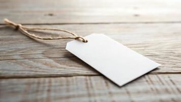Blank white price tag on wooden table photo