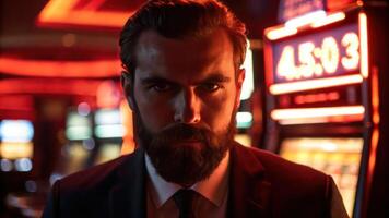 A man with a beard and suit in front of a casino photo