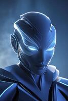 Futuristic Robot Character Portrait with Glowing Eyes and Metallic Details photo
