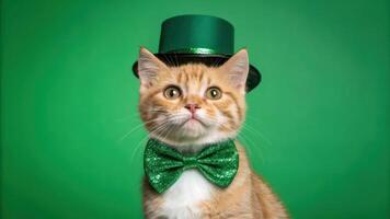 A cat wearing a green hat and bow tie photo