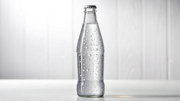 A bottle of soda water sitting on a table photo