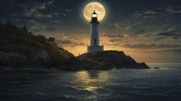 Lighthouse Shines Under Moonlight Coastal Scene at Night Landscape photo