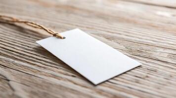 Blank white price tag on wooden table photo