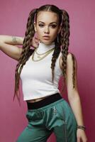 Stylish Woman Posing with Braids, White Top and Green Track Pants photo