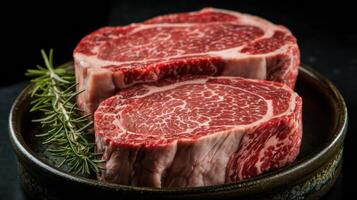 Two steaks are on a black plate with rosemary photo