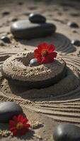 Zen Garden Still Life with Red Flower and Stone Arrangement photo