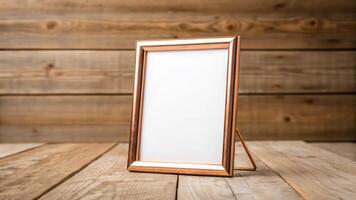 A picture frame on a wooden table photo