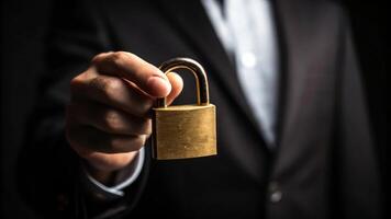 A man in a suit holding a padlock photo