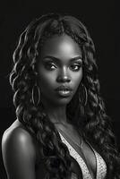 Elegant African American Woman Portrait with Wavy Hair and Hoop Earrings photo
