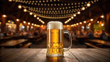 A beer mug on a wooden table in front of a crowd photo