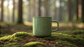 A green mug sitting on top of a moss covered ground photo
