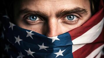 A man with blue eyes covered by an american flag photo