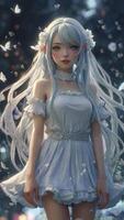 Anime Girl with White Hair and Butterflies in a Dreamy Setting photo
