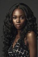 Portrait of Black Woman with Wavy Hair and Elegant Style photo