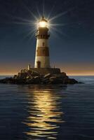 Glowing Lighthouse at Night with Starry Sky and Calm Sea photo