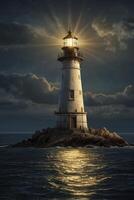 Illuminated Lighthouse Guiding Ships at Night in Dark Ocean Waters photo